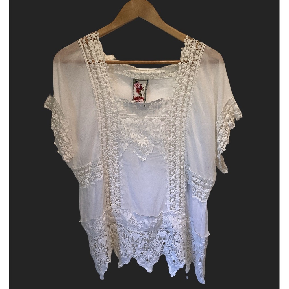 Johnny Was White Crochet Lace Cotton Top Short Sleeve M Blouse Boho Cottagecore